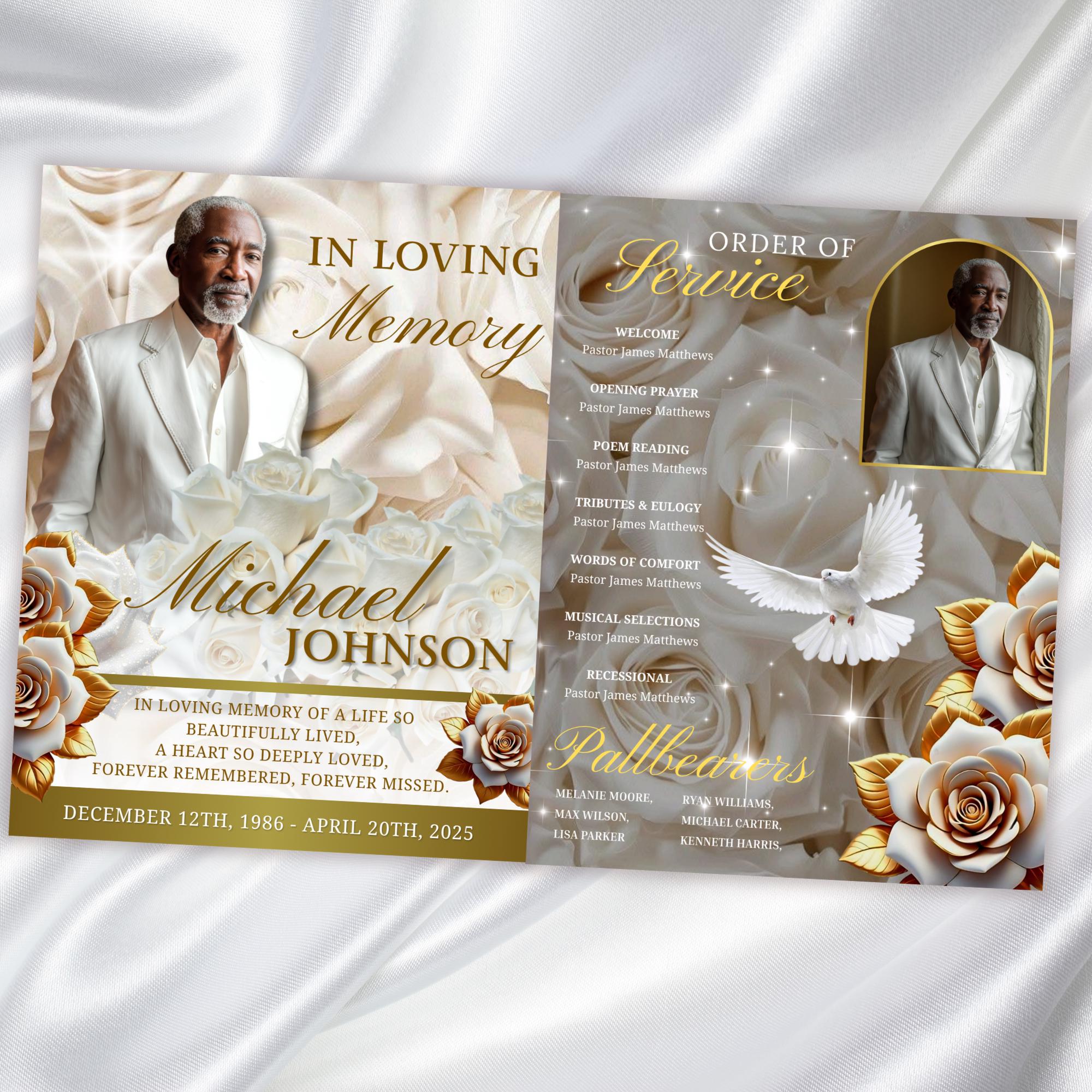 08 Pages White Rose Glitter Funeral Program Template, Editable Bifold 8.5x11” Design, Obituary Celebration Of Life Program, Digital Download - Editable Memorial Canva Template
