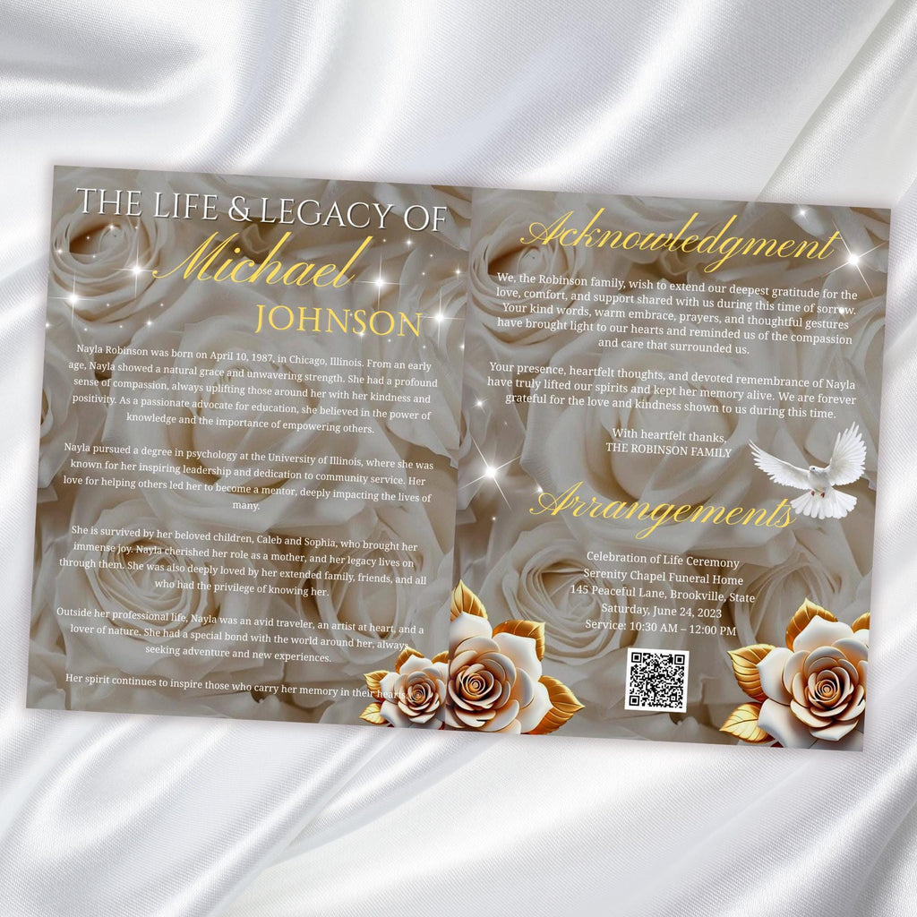 08 Pages White Rose Glitter Funeral Program Template, Editable Bifold 8.5x11” Design, Obituary Celebration Of Life Program, Digital Download - Editable Memorial Canva Template