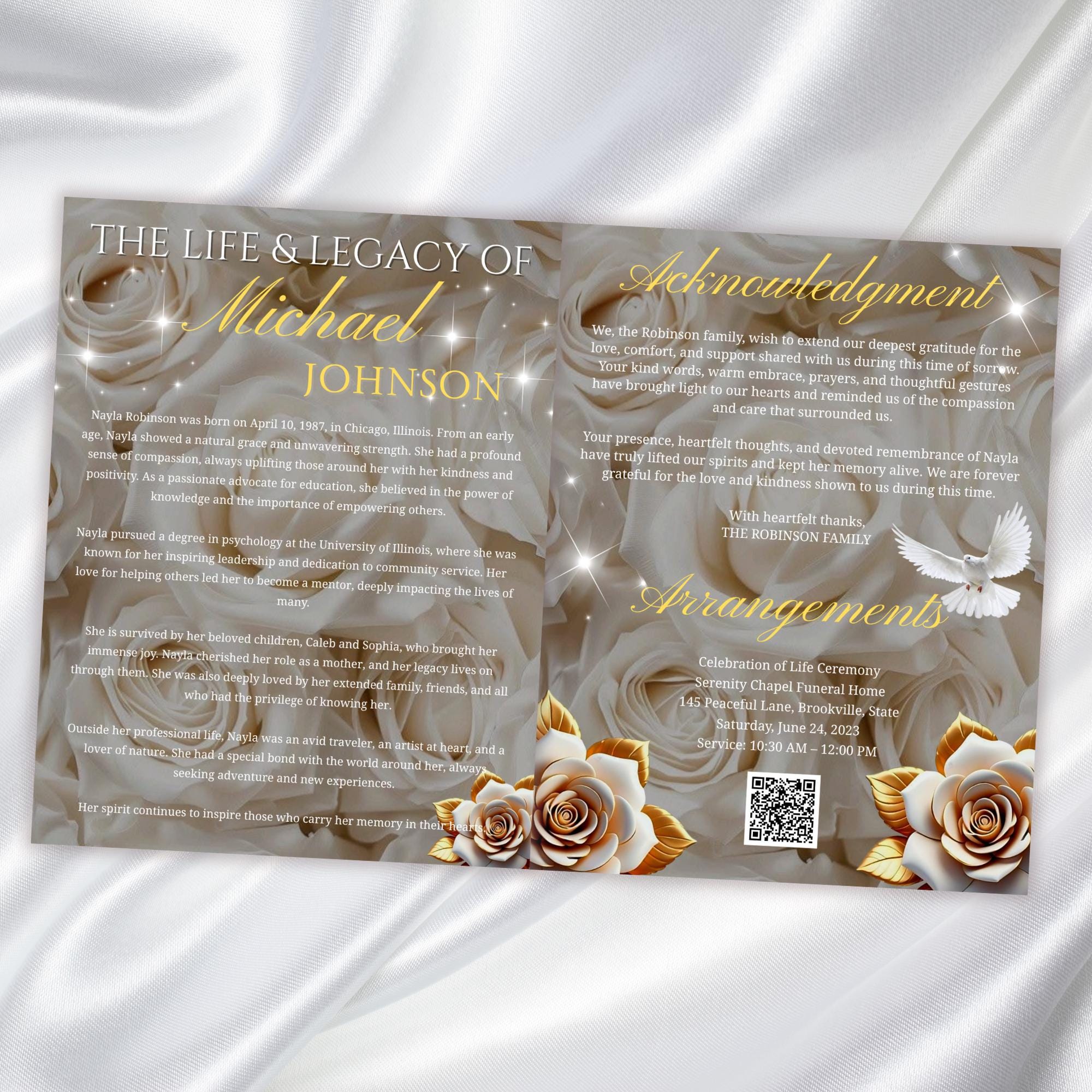 08 Pages White Rose Glitter Funeral Program Template, Editable Bifold 8.5x11” Design, Obituary Celebration Of Life Program, Digital Download - Editable Memorial Canva Template