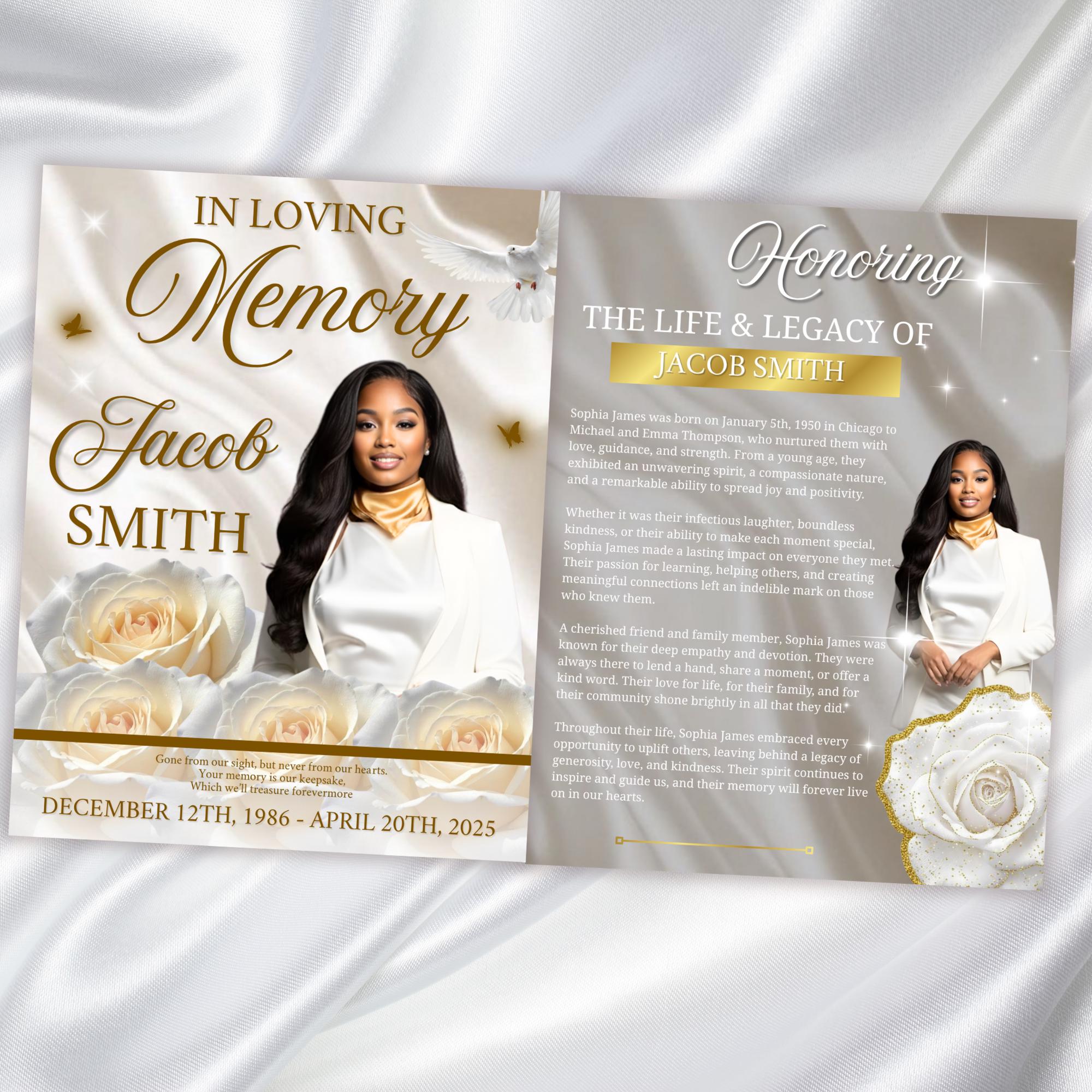 08 Pages White Rose Funeral Program Template, Editable Bifold 8.5x11” Design, Obituary Celebration Of Life Program, Digital Download - Editable Memorial Canva Template