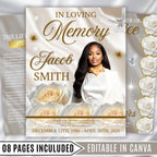 08 Pages White Rose Funeral Program Template, Editable Bifold 8.5x11” Design, Obituary Celebration Of Life Program, Digital Download - Editable Memorial Canva Template