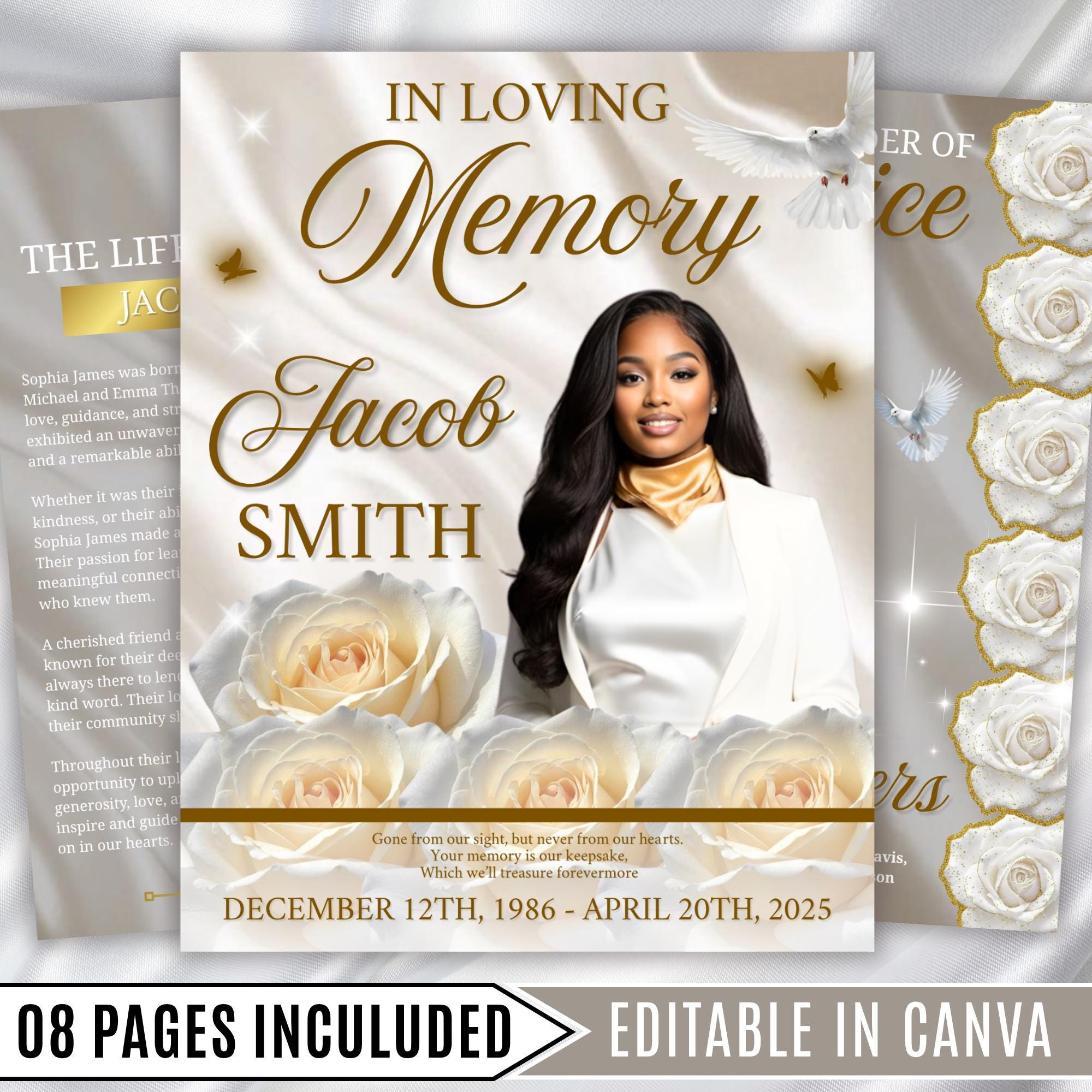 08 Pages White Rose Funeral Program Template, Editable Bifold 8.5x11” Design, Obituary Celebration Of Life Program, Digital Download - Editable Memorial Canva Template
