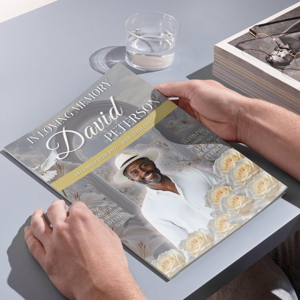 08 Pages White Rose Glitter Funeral Program Template, Editable Bifold 8.5x11” Design, Obituary Celebration Of Life Program, Digital Download - Editable Memorial Canva Template