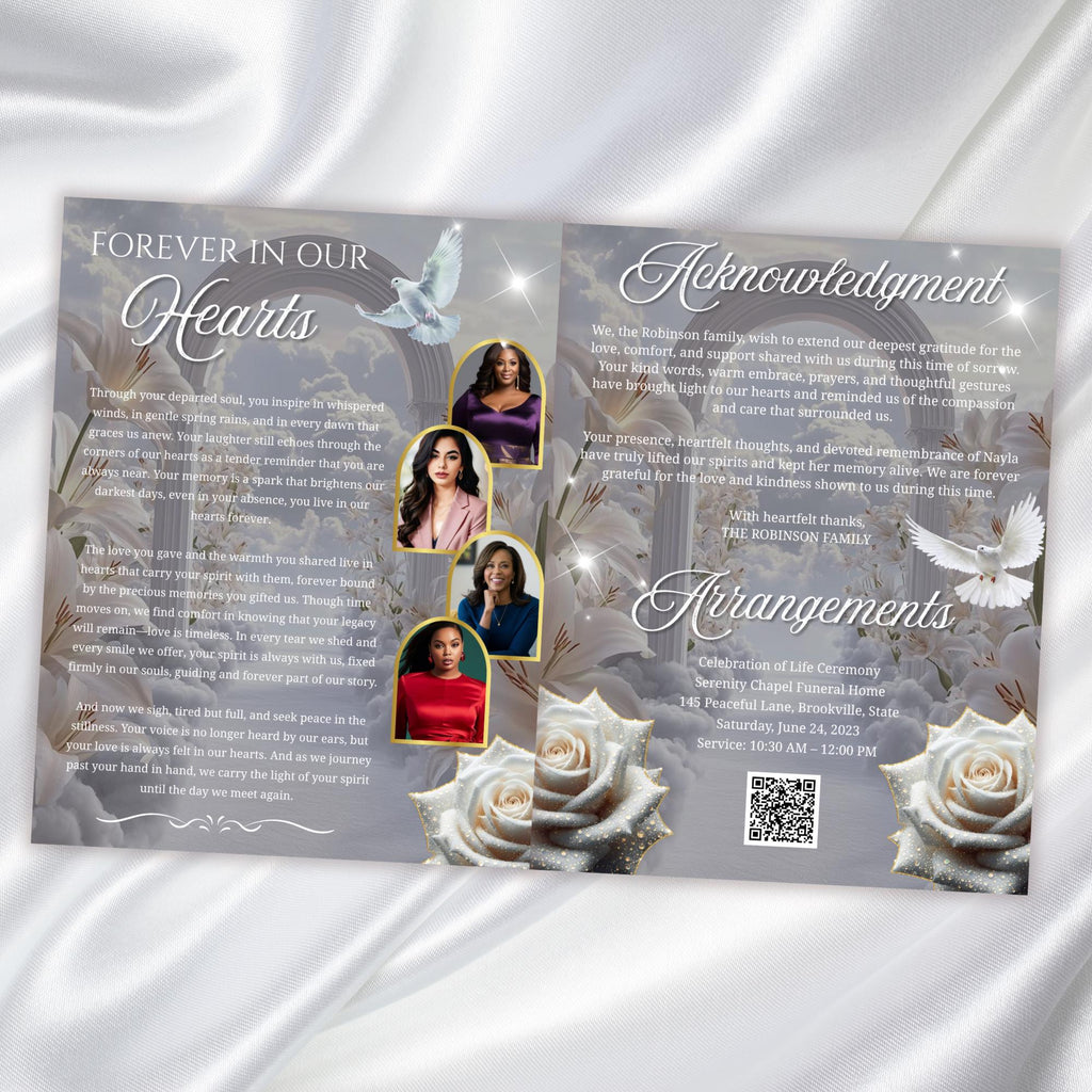 08 Pages White Rose Glitter Funeral Program Template, Editable Bifold 8.5x11” Design, Obituary Celebration Of Life Program, Digital Download - Editable Memorial Canva Template