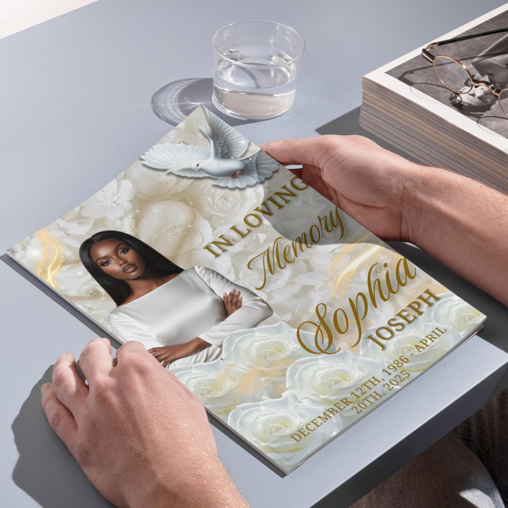 08 Pages White Rose Glitter Stars Funeral Program Template, Editable Bifold 8.5x11” Design, Obituary Celebration Of Life, Digital Download - Editable Memorial Canva Template