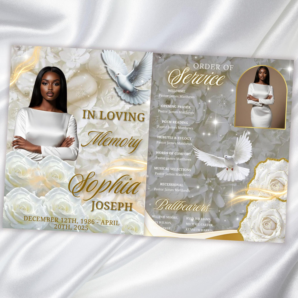 08 Pages White Rose Glitter Stars Funeral Program Template, Editable Bifold 8.5x11” Design, Obituary Celebration Of Life, Digital Download - Editable Memorial Canva Template