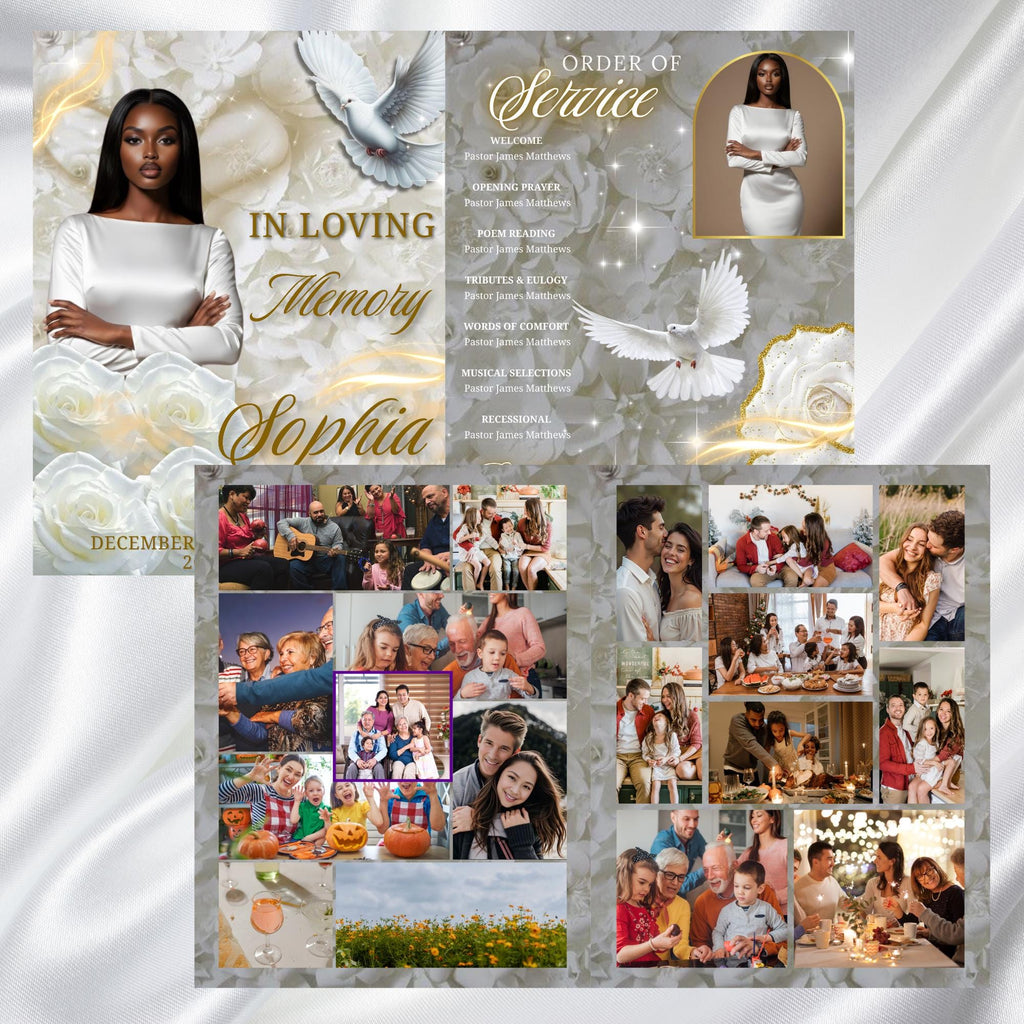 08 Pages White Rose Glitter Stars Funeral Program Template, Editable Bifold 8.5x11” Design, Obituary Celebration Of Life, Digital Download - Editable Memorial Canva Template