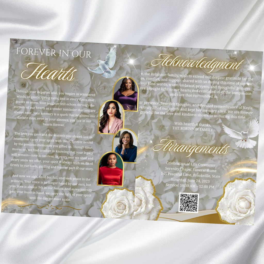 08 Pages White Rose Glitter Stars Funeral Program Template, Editable Bifold 8.5x11” Design, Obituary Celebration Of Life, Digital Download - Editable Memorial Canva Template