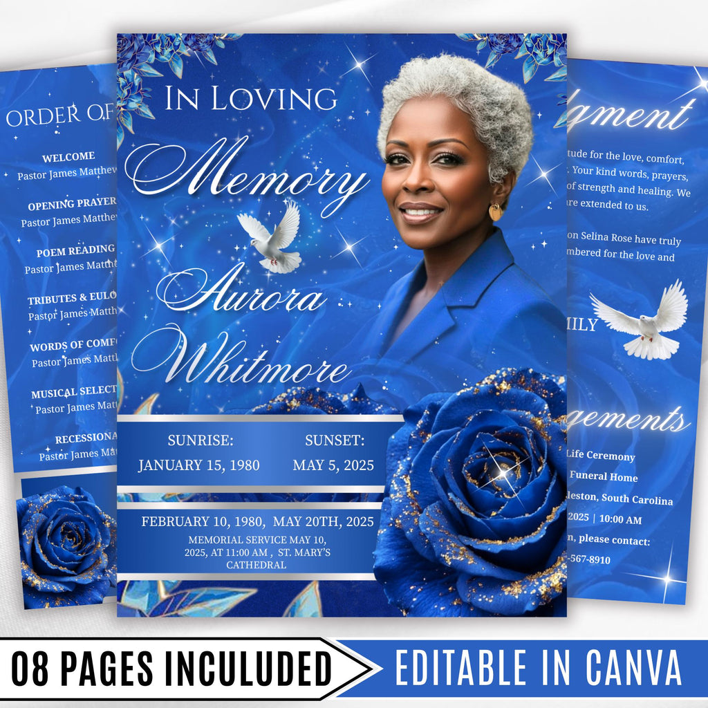 08 Pages Blue Roses Funeral Program Template, Editable Bifold 8.5x11” Design, Obituary Celebration Of Life Program, Digital Download - Editable Memorial Canva Template