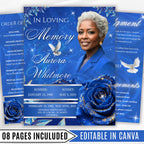 08 Pages Blue Roses Funeral Program Template, Editable Bifold 8.5x11” Design, Obituary Celebration Of Life Program, Digital Download - Editable Memorial Canva Template