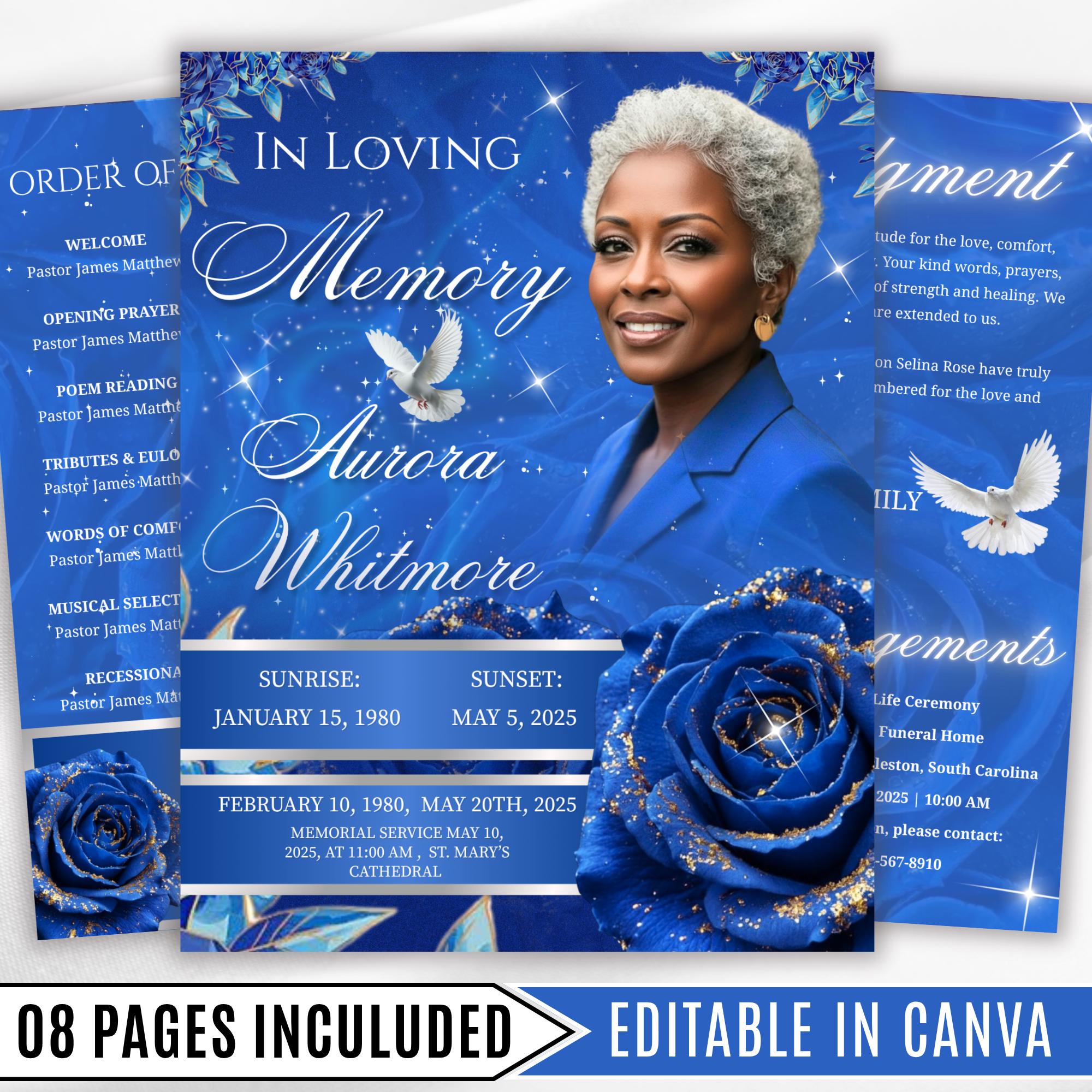 08 Pages Blue Roses Funeral Program Template, Editable Bifold 8.5x11” Design, Obituary Celebration Of Life Program, Digital Download - Editable Memorial Canva Template