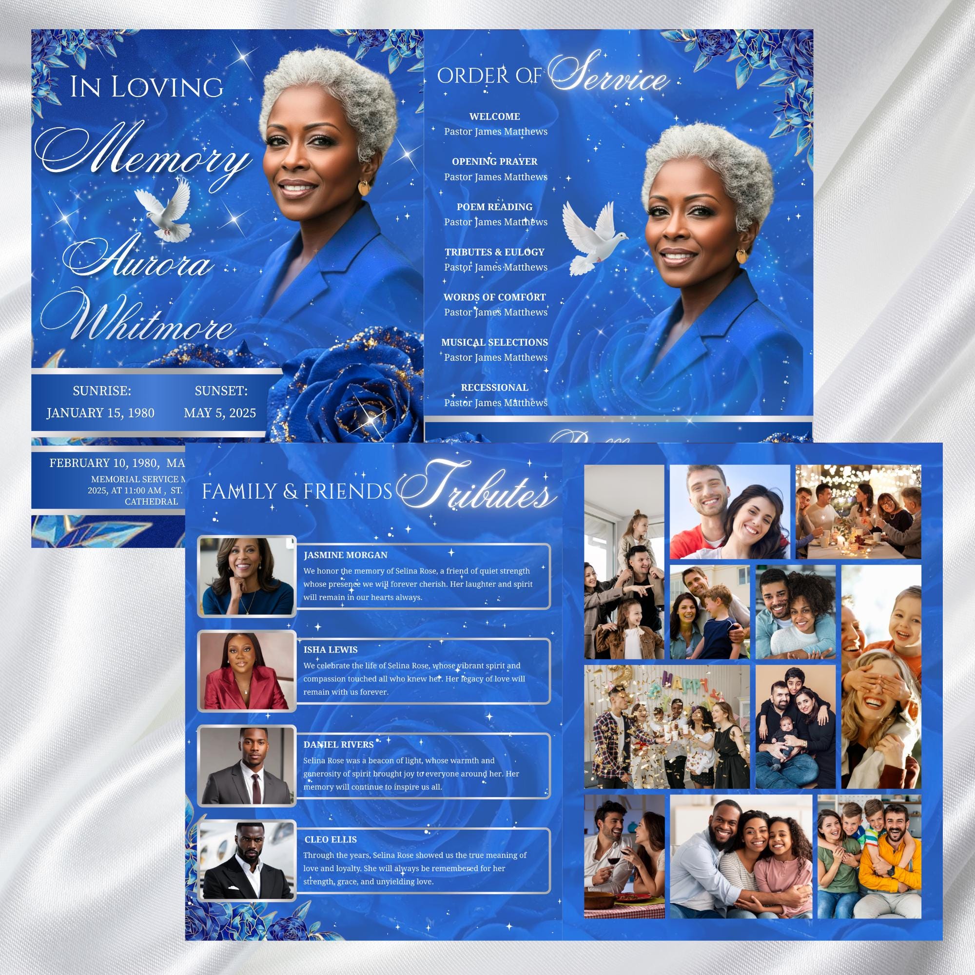 08 Pages Blue Roses Funeral Program Template, Editable Bifold 8.5x11” Design, Obituary Celebration Of Life Program, Digital Download - Editable Memorial Canva Template