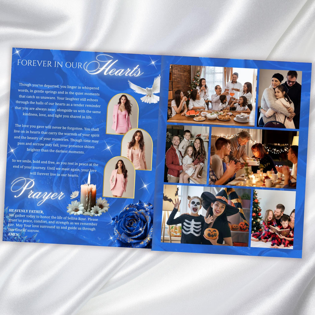 08 Pages Blue Roses Funeral Program Template, Editable Bifold 8.5x11” Design, Obituary Celebration Of Life Program, Digital Download - Editable Memorial Canva Template