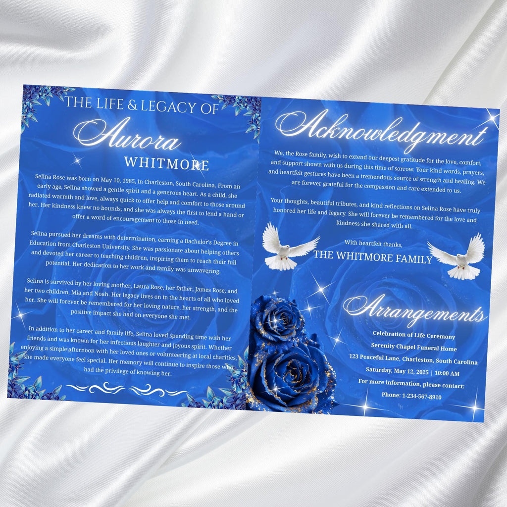 08 Pages Blue Roses Funeral Program Template, Editable Bifold 8.5x11” Design, Obituary Celebration Of Life Program, Digital Download - Editable Memorial Canva Template