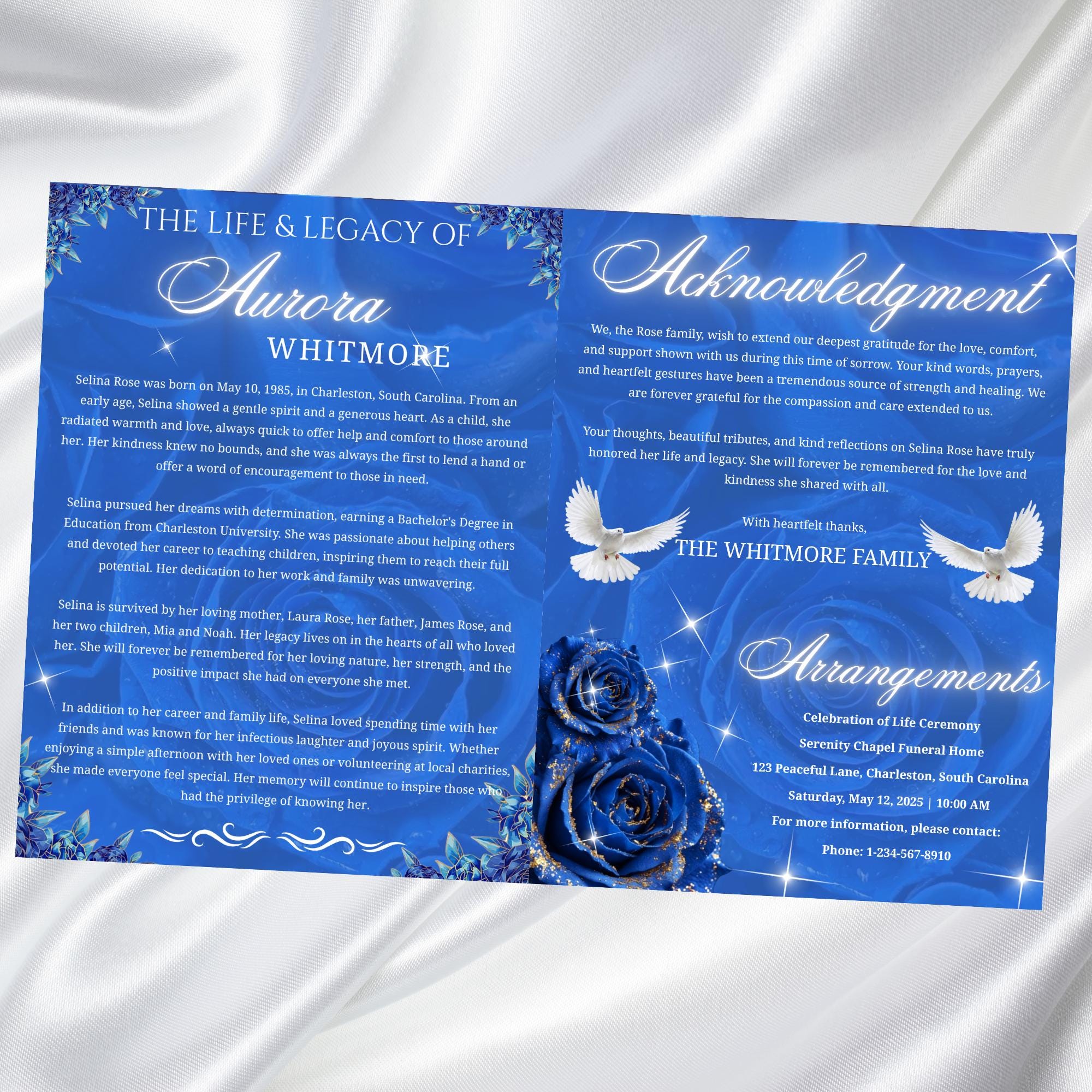 08 Pages Blue Roses Funeral Program Template, Editable Bifold 8.5x11” Design, Obituary Celebration Of Life Program, Digital Download - Editable Memorial Canva Template