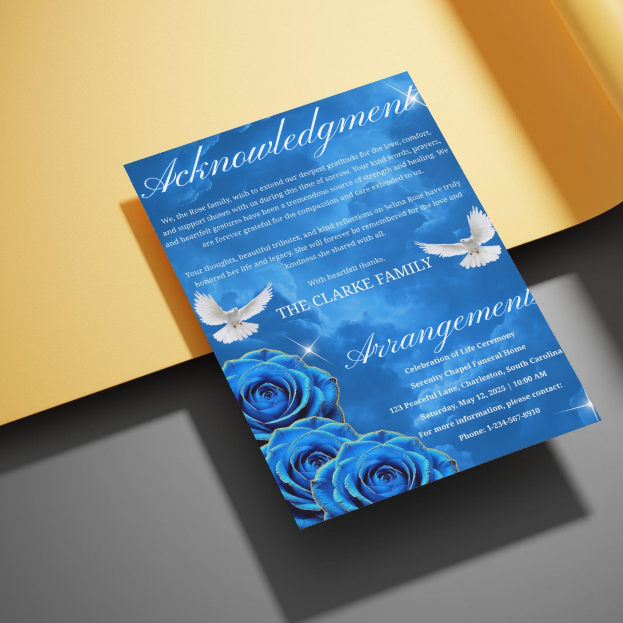 08 Pages Blue Rose Glitter Funeral Program Template, Editable Bifold 8.5x11” Design, Obituary Celebration Of Life Program, Digital Download - Editable Memorial Canva Template