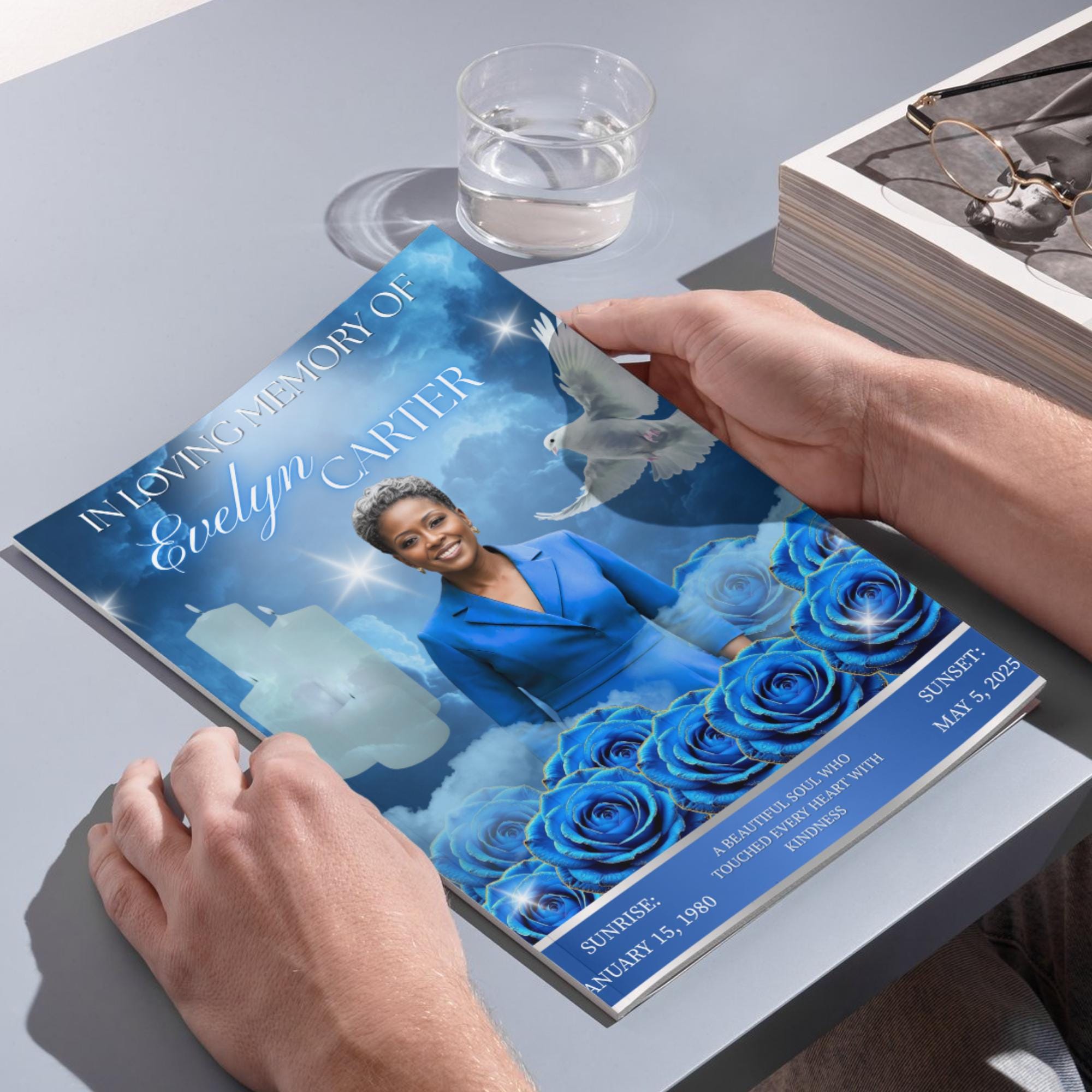 08 Pages Blue Rose Glitter Funeral Program Template, Editable Bifold 8.5x11” Design, Obituary Celebration Of Life Program, Digital Download - Editable Memorial Canva Template