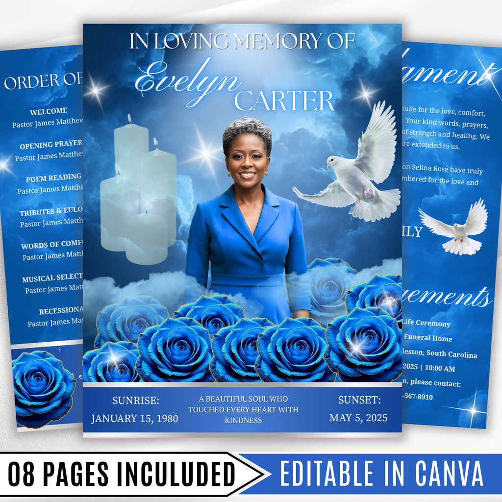 08 Pages Blue Rose Glitter Funeral Program Template, Editable Bifold 8.5x11” Design, Obituary Celebration Of Life Program, Digital Download - Editable Memorial Canva Template