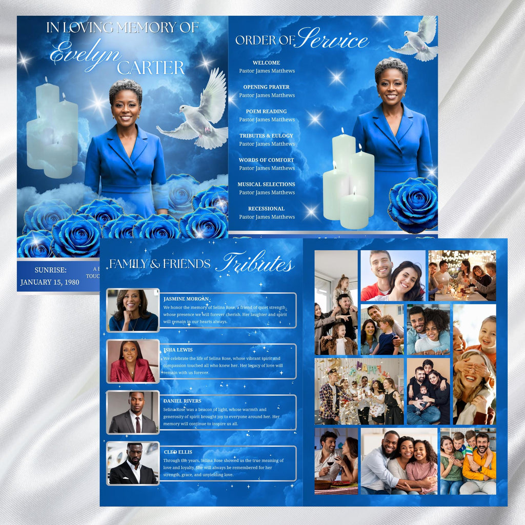 08 Pages Blue Rose Glitter Funeral Program Template, Editable Bifold 8.5x11” Design, Obituary Celebration Of Life Program, Digital Download - Editable Memorial Canva Template