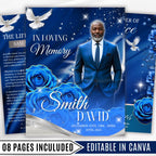 08 Blue Roses and Silver Funeral Program Template, Editable Bifold 8.5x11” Design, Obituary Celebration Of Life Program, Digital Download - Editable Memorial Canva Template