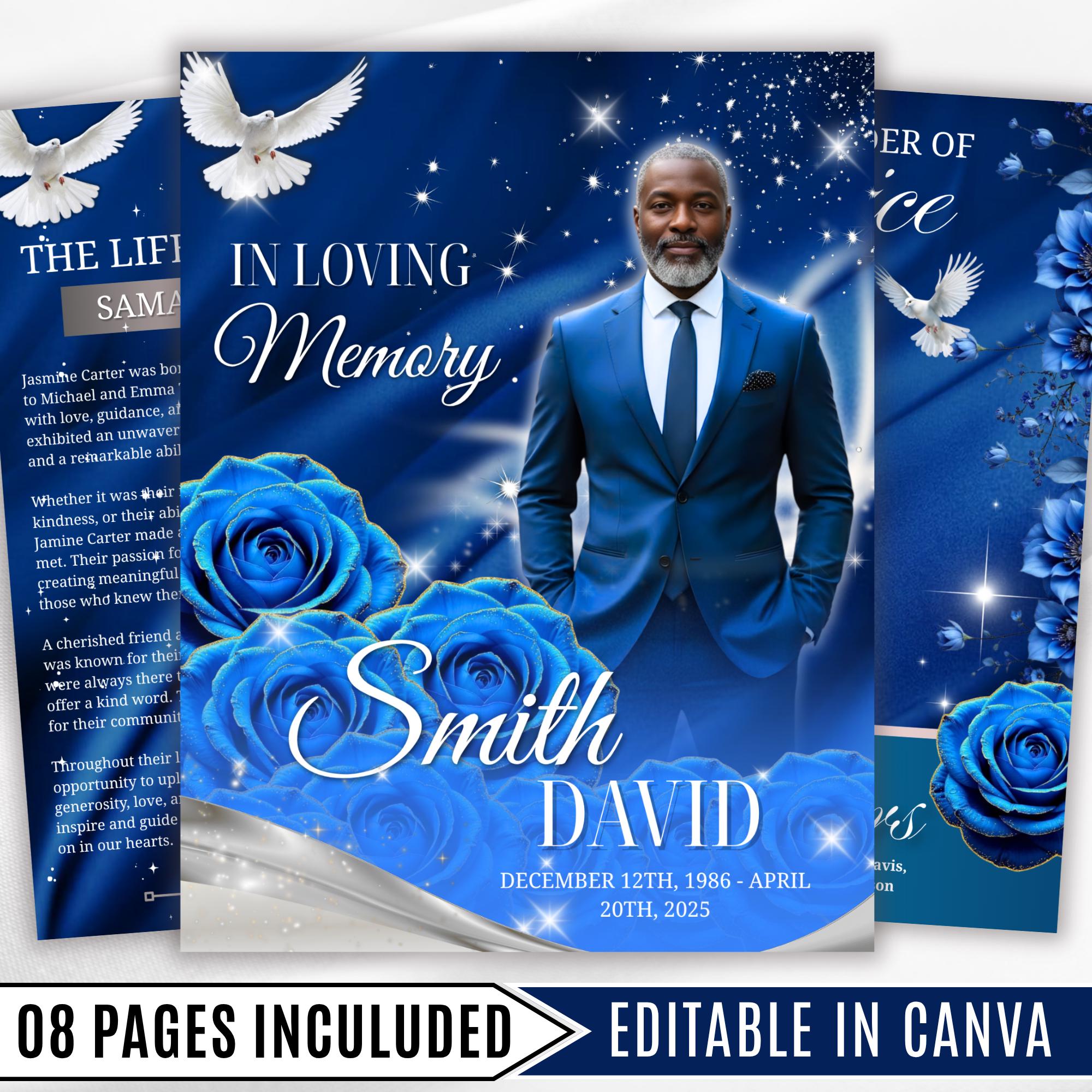 08 Blue Roses and Silver Funeral Program Template, Editable Bifold 8.5x11” Design, Obituary Celebration Of Life Program, Digital Download - Editable Memorial Canva Template