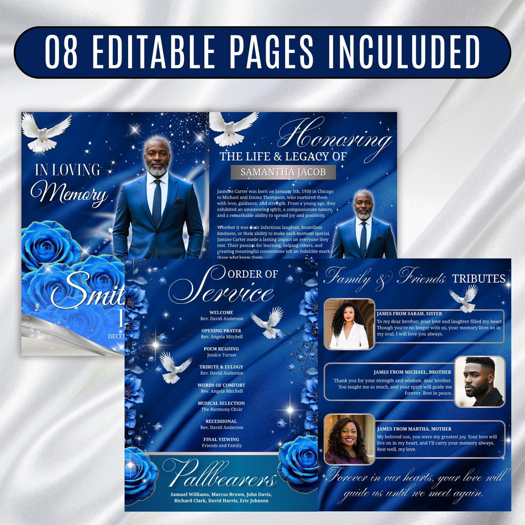 08 Blue Roses and Silver Funeral Program Template, Editable Bifold 8.5x11” Design, Obituary Celebration Of Life Program, Digital Download - Editable Memorial Canva Template