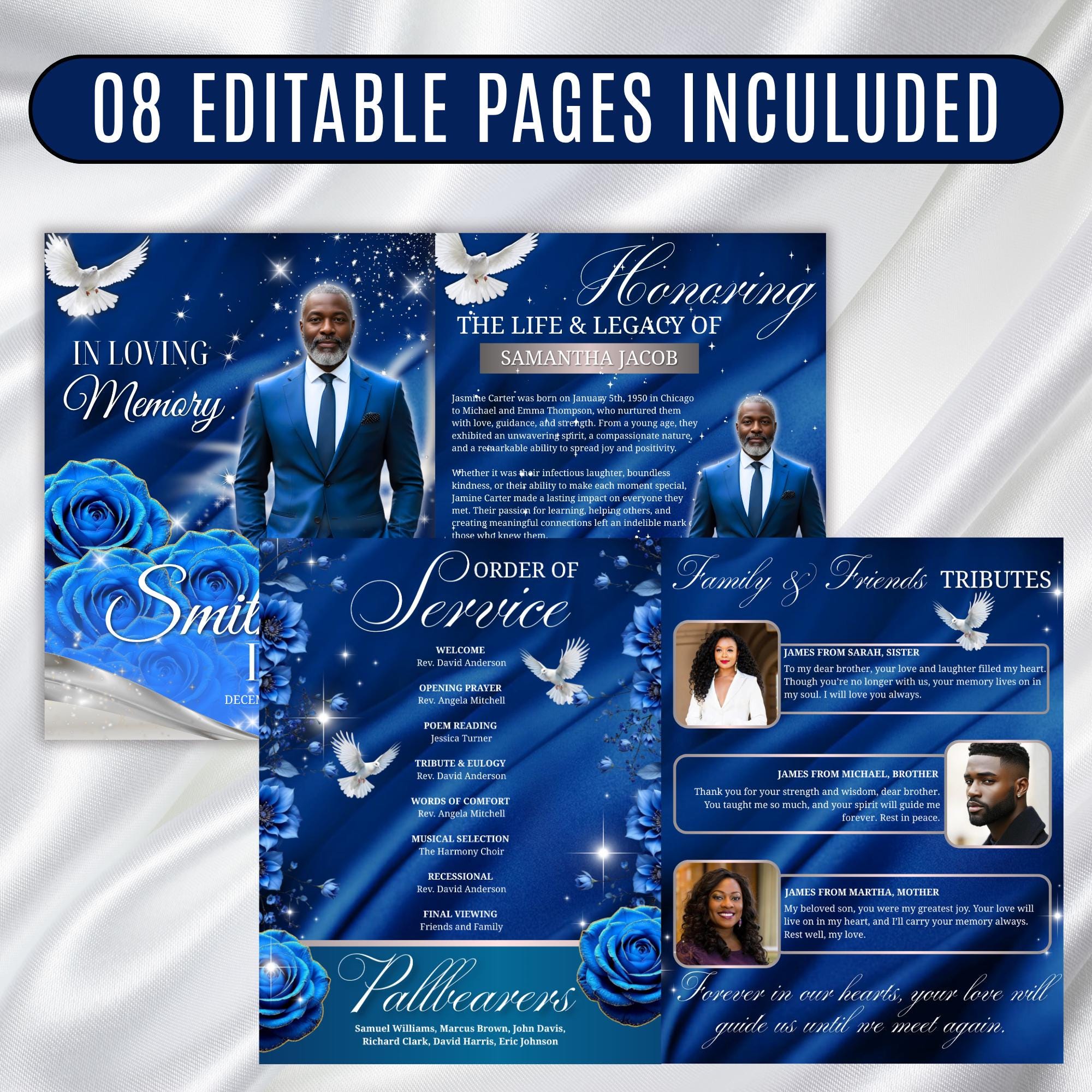 08 Blue Roses and Silver Funeral Program Template, Editable Bifold 8.5x11” Design, Obituary Celebration Of Life Program, Digital Download - Editable Memorial Canva Template