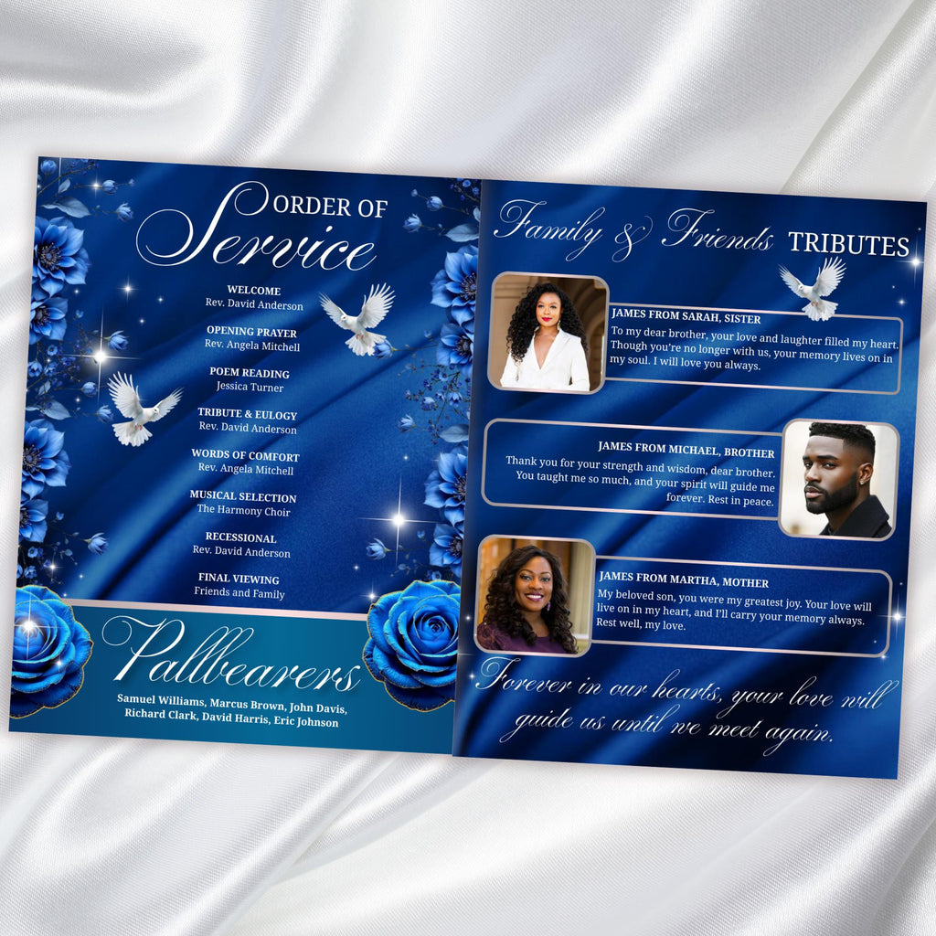 08 Blue Roses and Silver Funeral Program Template, Editable Bifold 8.5x11” Design, Obituary Celebration Of Life Program, Digital Download - Editable Memorial Canva Template