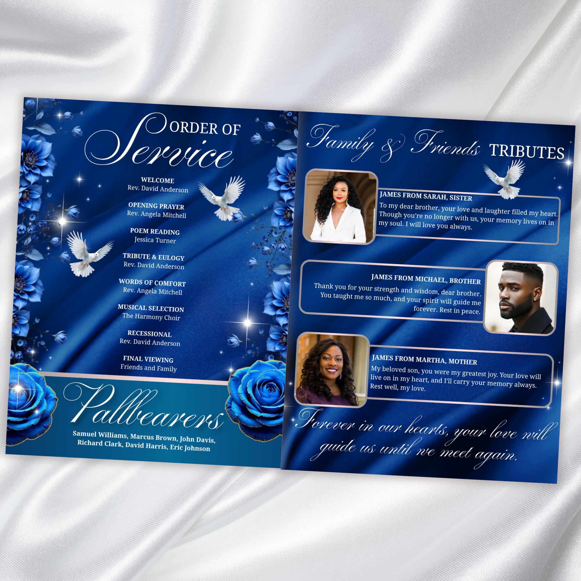 08 Blue Roses and Silver Funeral Program Template, Editable Bifold 8.5x11” Design, Obituary Celebration Of Life Program, Digital Download - Editable Memorial Canva Template