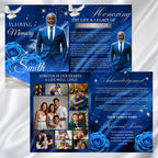 08 Blue Roses and Silver Funeral Program Template, Editable Bifold 8.5x11” Design, Obituary Celebration Of Life Program, Digital Download - Editable Memorial Canva Template