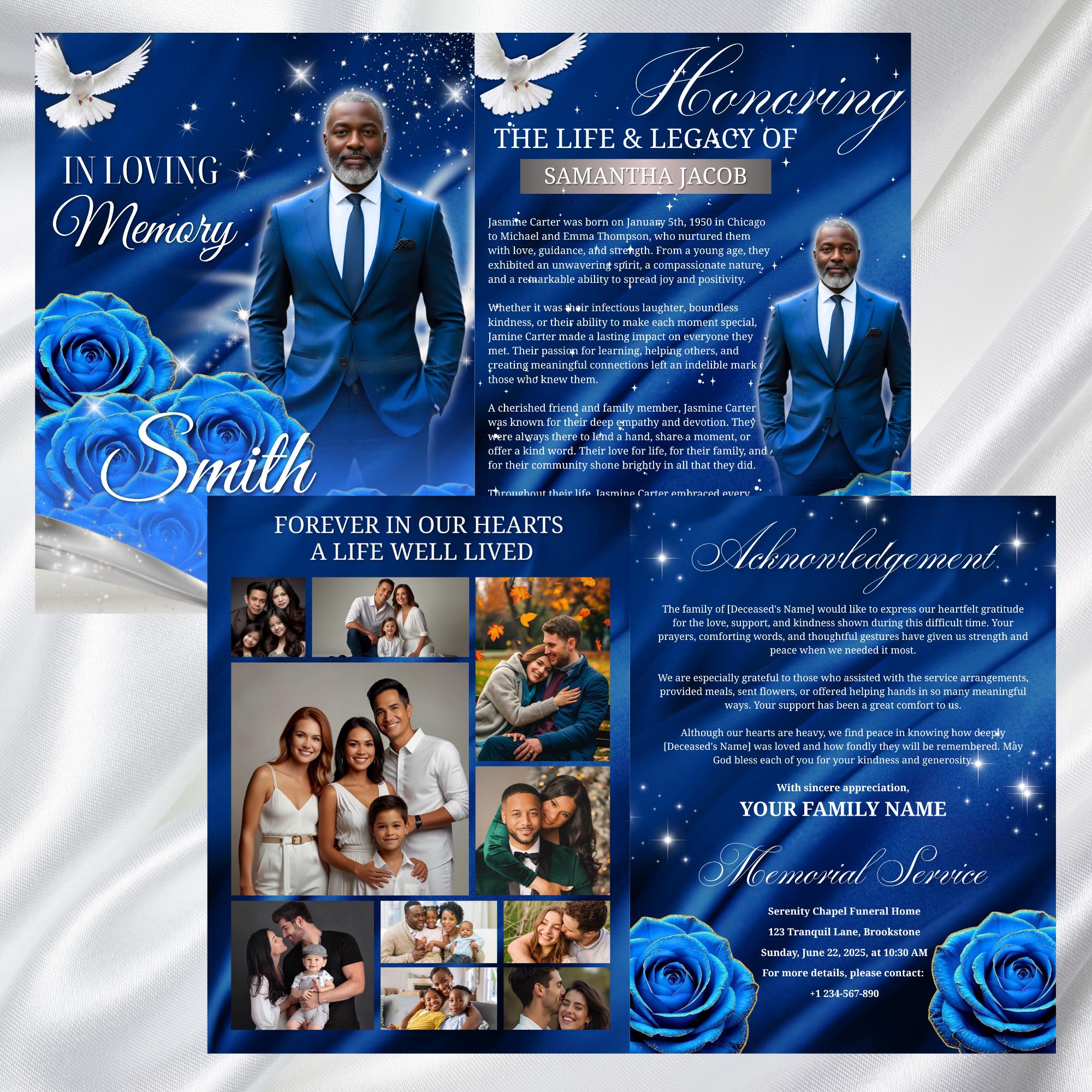08 Blue Roses and Silver Funeral Program Template, Editable Bifold 8.5x11” Design, Obituary Celebration Of Life Program, Digital Download - Editable Memorial Canva Template
