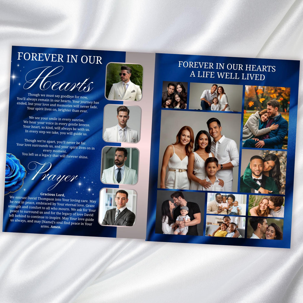 08 Blue Roses and Silver Funeral Program Template, Editable Bifold 8.5x11” Design, Obituary Celebration Of Life Program, Digital Download - Editable Memorial Canva Template