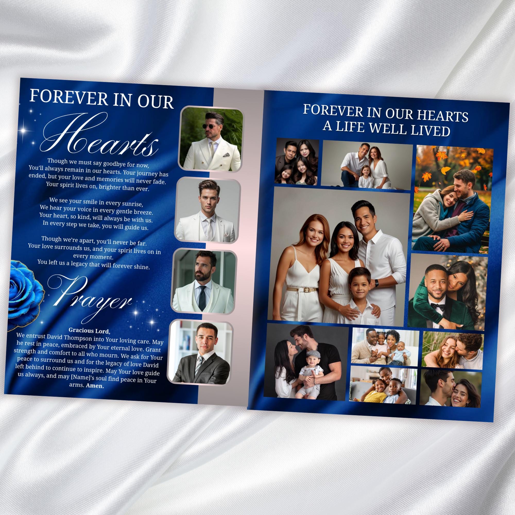 08 Blue Roses and Silver Funeral Program Template, Editable Bifold 8.5x11” Design, Obituary Celebration Of Life Program, Digital Download - Editable Memorial Canva Template