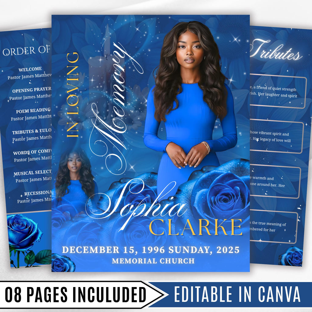 08 Pages Blue Roses Funeral Program Template, Editable Bifold 8.5x11” Design, Obituary Celebration Of Life Program, Digital Download - Editable Memorial Canva Template