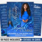 08 Pages Blue Roses Funeral Program Template, Editable Bifold 8.5x11” Design, Obituary Celebration Of Life Program, Digital Download - Editable Memorial Canva Template