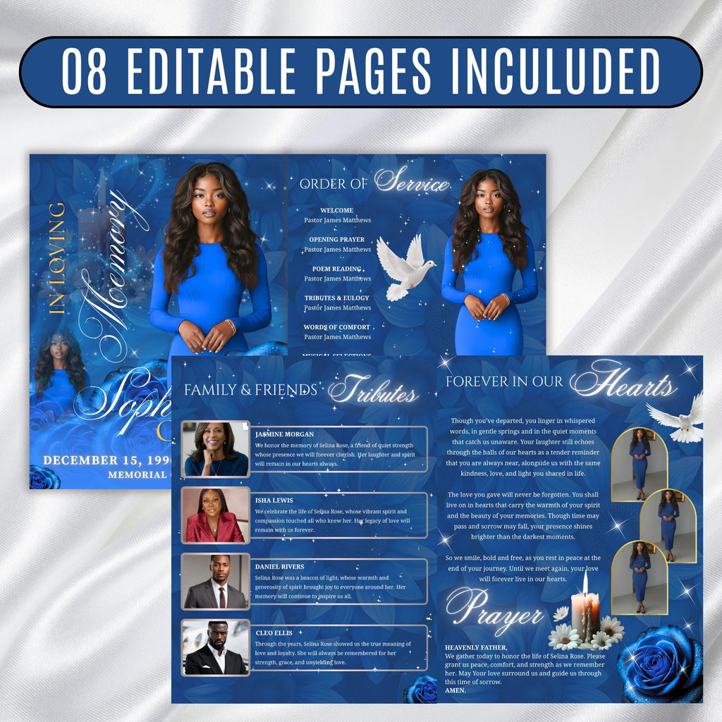 08 Pages Blue Roses Funeral Program Template, Editable Bifold 8.5x11” Design, Obituary Celebration Of Life Program, Digital Download - Editable Memorial Canva Template