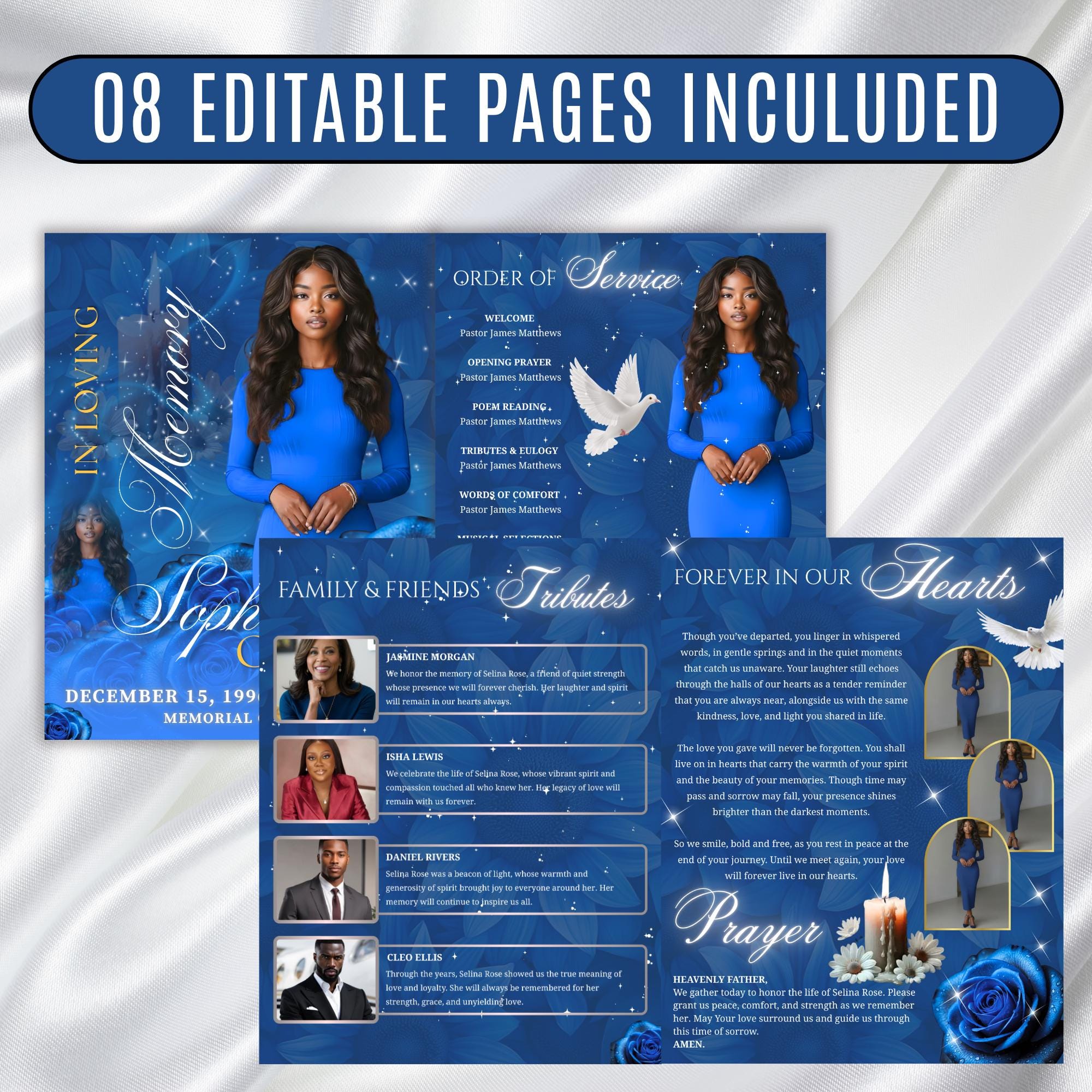 08 Pages Blue Roses Funeral Program Template, Editable Bifold 8.5x11” Design, Obituary Celebration Of Life Program, Digital Download - Editable Memorial Canva Template