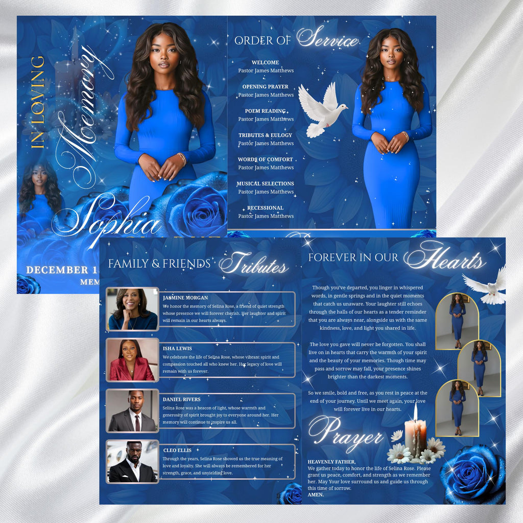 08 Pages Blue Roses Funeral Program Template, Editable Bifold 8.5x11” Design, Obituary Celebration Of Life Program, Digital Download - Editable Memorial Canva Template