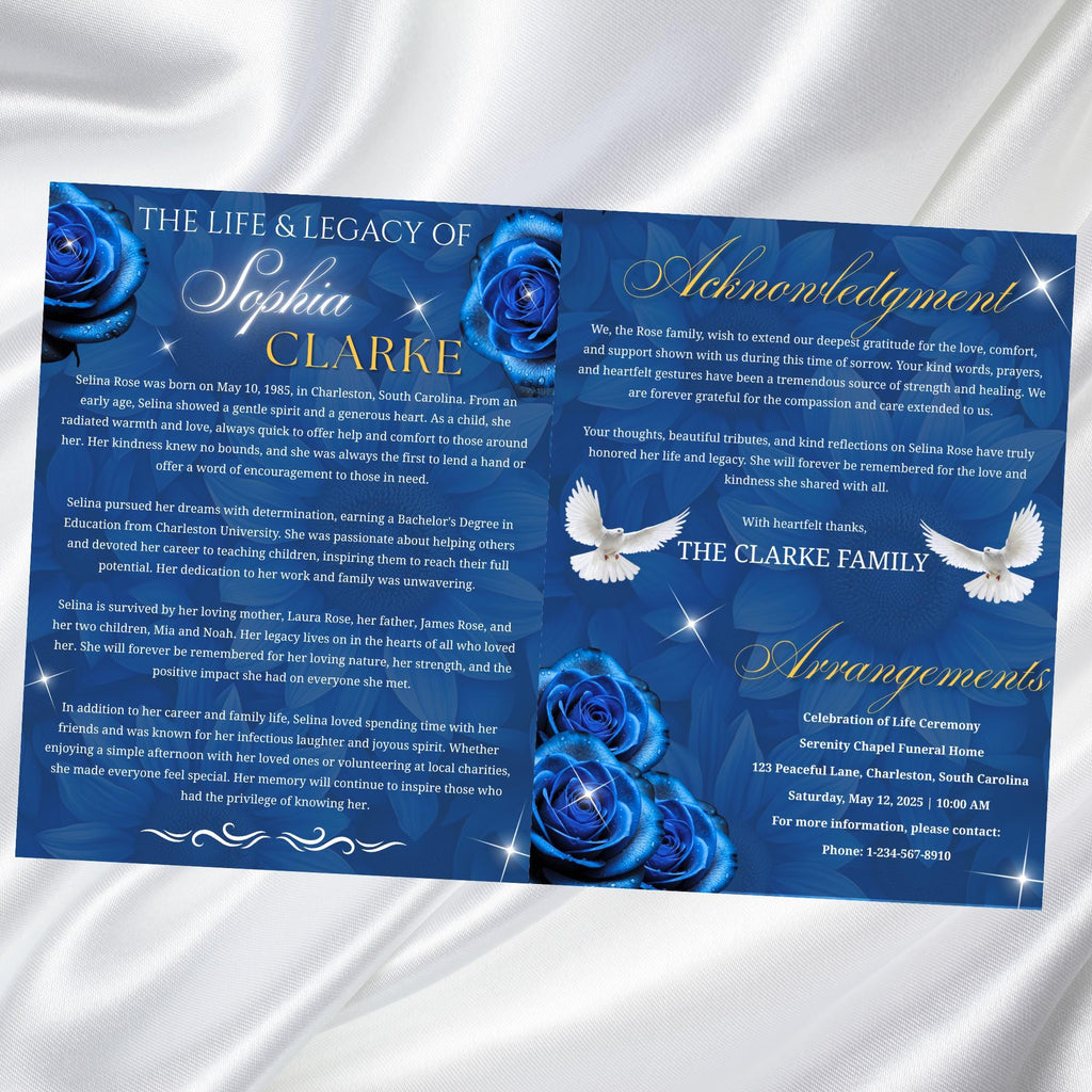 08 Pages Blue Roses Funeral Program Template, Editable Bifold 8.5x11” Design, Obituary Celebration Of Life Program, Digital Download - Editable Memorial Canva Template