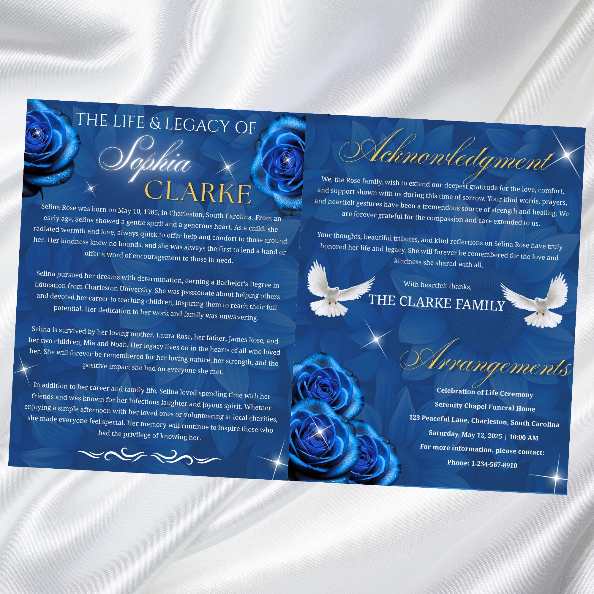 08 Pages Blue Roses Funeral Program Template, Editable Bifold 8.5x11” Design, Obituary Celebration Of Life Program, Digital Download - Editable Memorial Canva Template