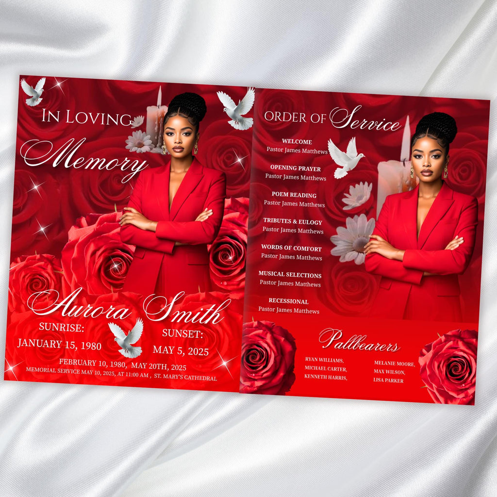 08 Pages Memorial Red Roses Funeral Program Template, Editable Bifold 8.5x11” Design, Obituary Celebration Of Life Program, Digital Download - Editable Memorial Canva Template