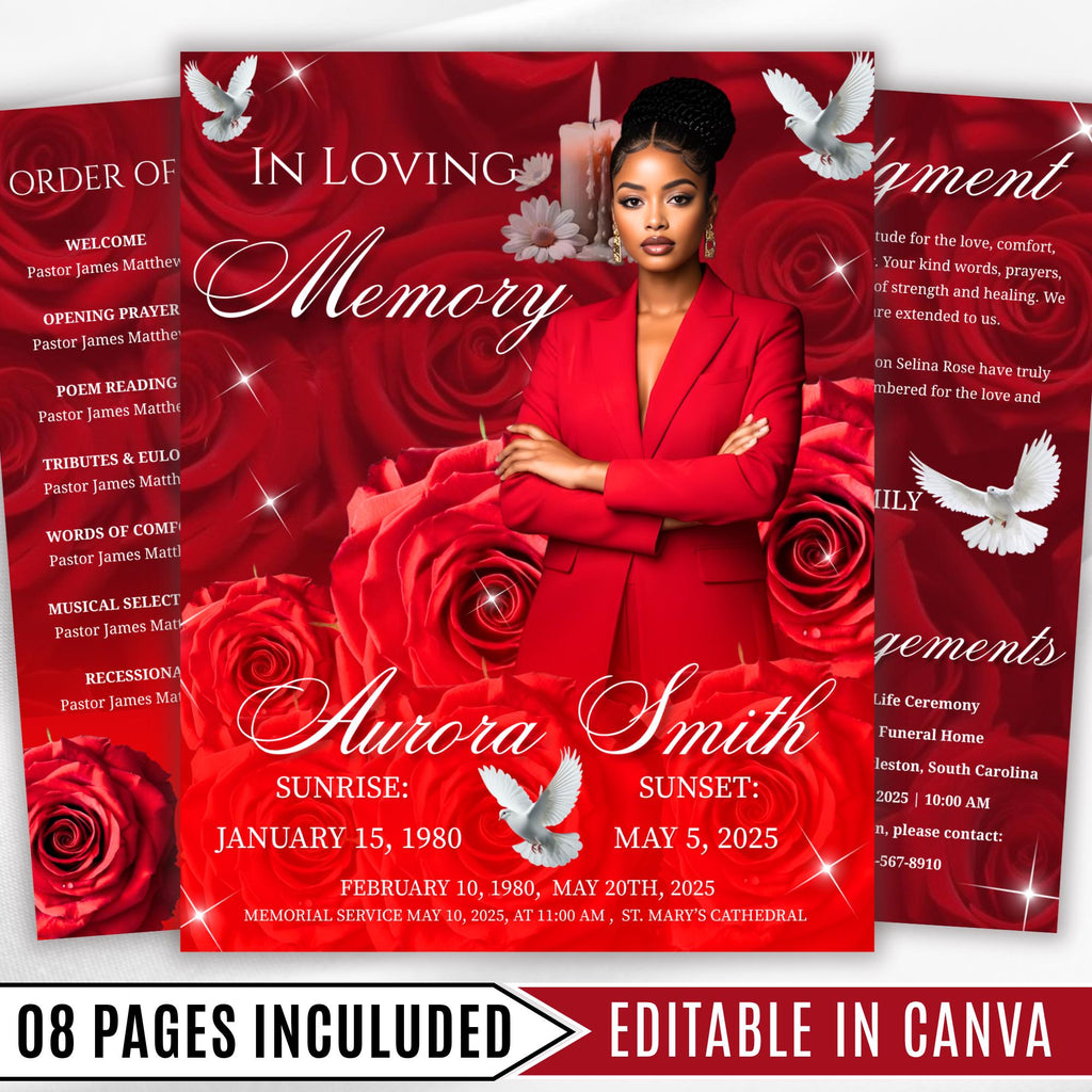 08 Pages Memorial Red Roses Funeral Program Template, Editable Bifold 8.5x11” Design, Obituary Celebration Of Life Program, Digital Download - Editable Memorial Canva Template