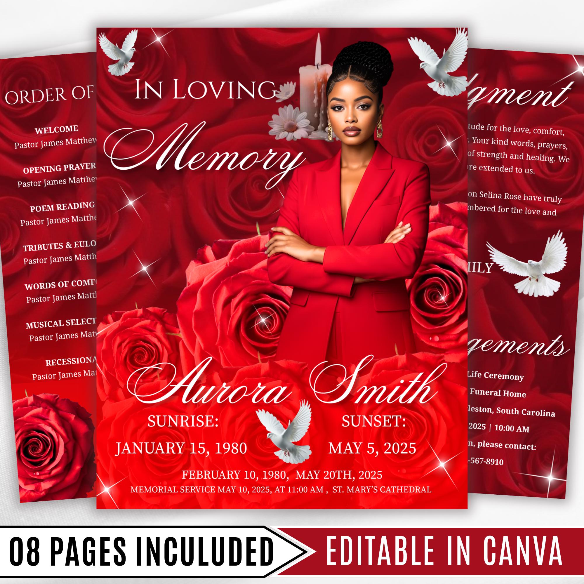 08 Pages Memorial Red Roses Funeral Program Template, Editable Bifold 8.5x11” Design, Obituary Celebration Of Life Program, Digital Download - Editable Memorial Canva Template