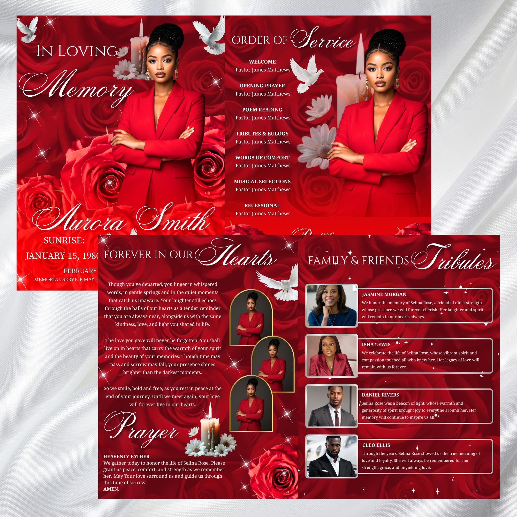 08 Pages Memorial Red Roses Funeral Program Template, Editable Bifold 8.5x11” Design, Obituary Celebration Of Life Program, Digital Download - Editable Memorial Canva Template
