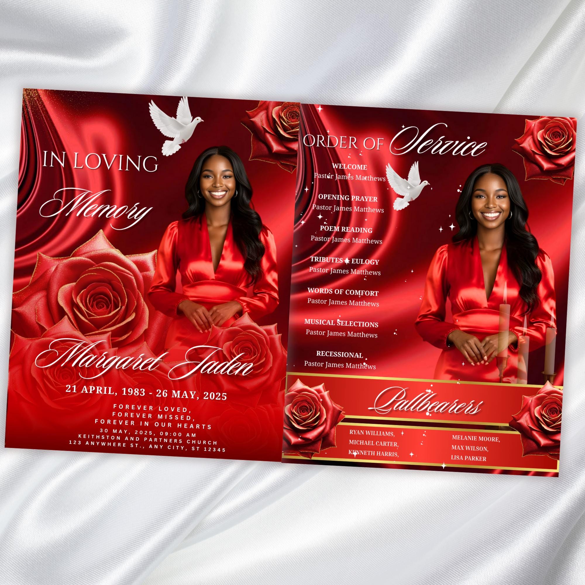 08 Pages Red Roses Lightning Funeral Program Template, Editable Bifold 8.5x11”Design, Obituary Celebration Of Life Program, Digital Download - Editable Memorial Canva Template