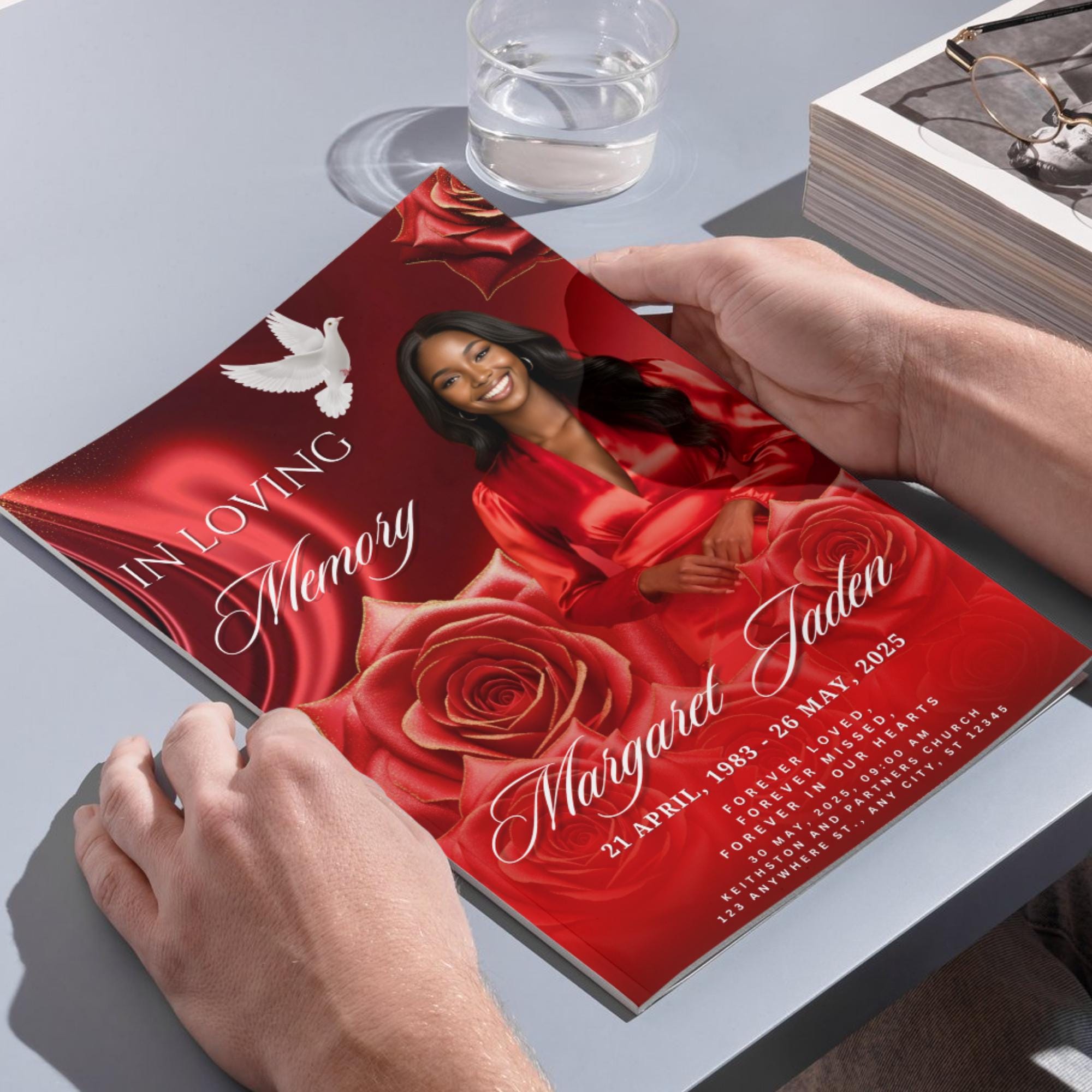 08 Pages Red Roses Lightning Funeral Program Template, Editable Bifold 8.5x11”Design, Obituary Celebration Of Life Program, Digital Download - Editable Memorial Canva Template