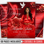 08 Pages Red Roses Lightning Funeral Program Template, Editable Bifold 8.5x11”Design, Obituary Celebration Of Life Program, Digital Download - Editable Memorial Canva Template