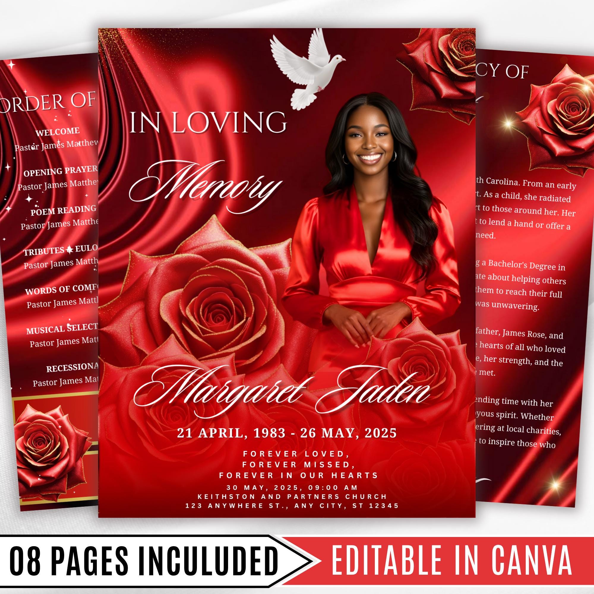 08 Pages Red Roses Lightning Funeral Program Template, Editable Bifold 8.5x11”Design, Obituary Celebration Of Life Program, Digital Download - Editable Memorial Canva Template