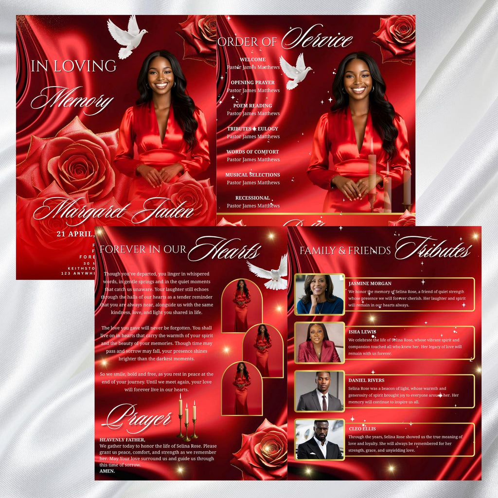 08 Pages Red Roses Lightning Funeral Program Template, Editable Bifold 8.5x11”Design, Obituary Celebration Of Life Program, Digital Download - Editable Memorial Canva Template