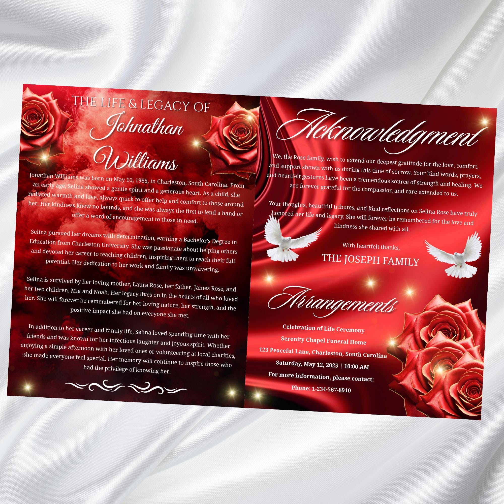 08 Pages Red Roses Lightning Funeral Program Template, Editable Bifold 8.5x11”Design, Obituary Celebration Of Life Program, Digital Download - Editable Memorial Canva Template